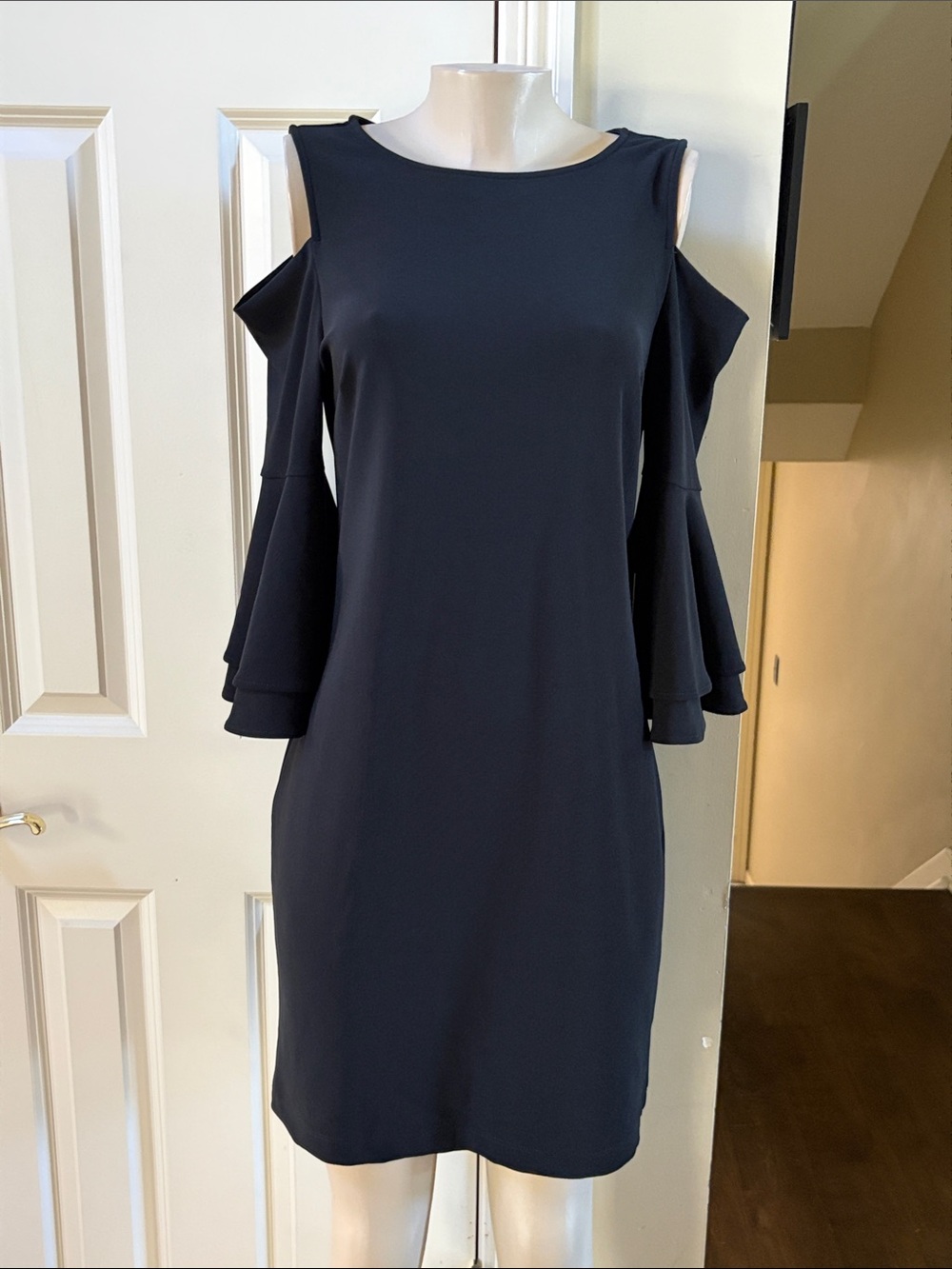 NWT Boston Proper Black Cold-Shoulder Ruffle-Bell Sleeve Dress, med